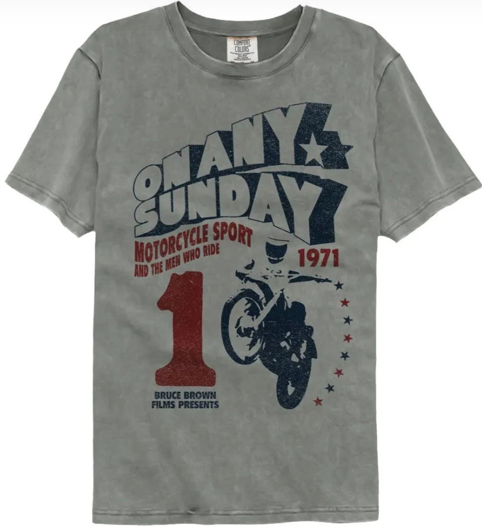 Gray T-shirt with “On Any Sunday” motorcycle graphic and number 1971
