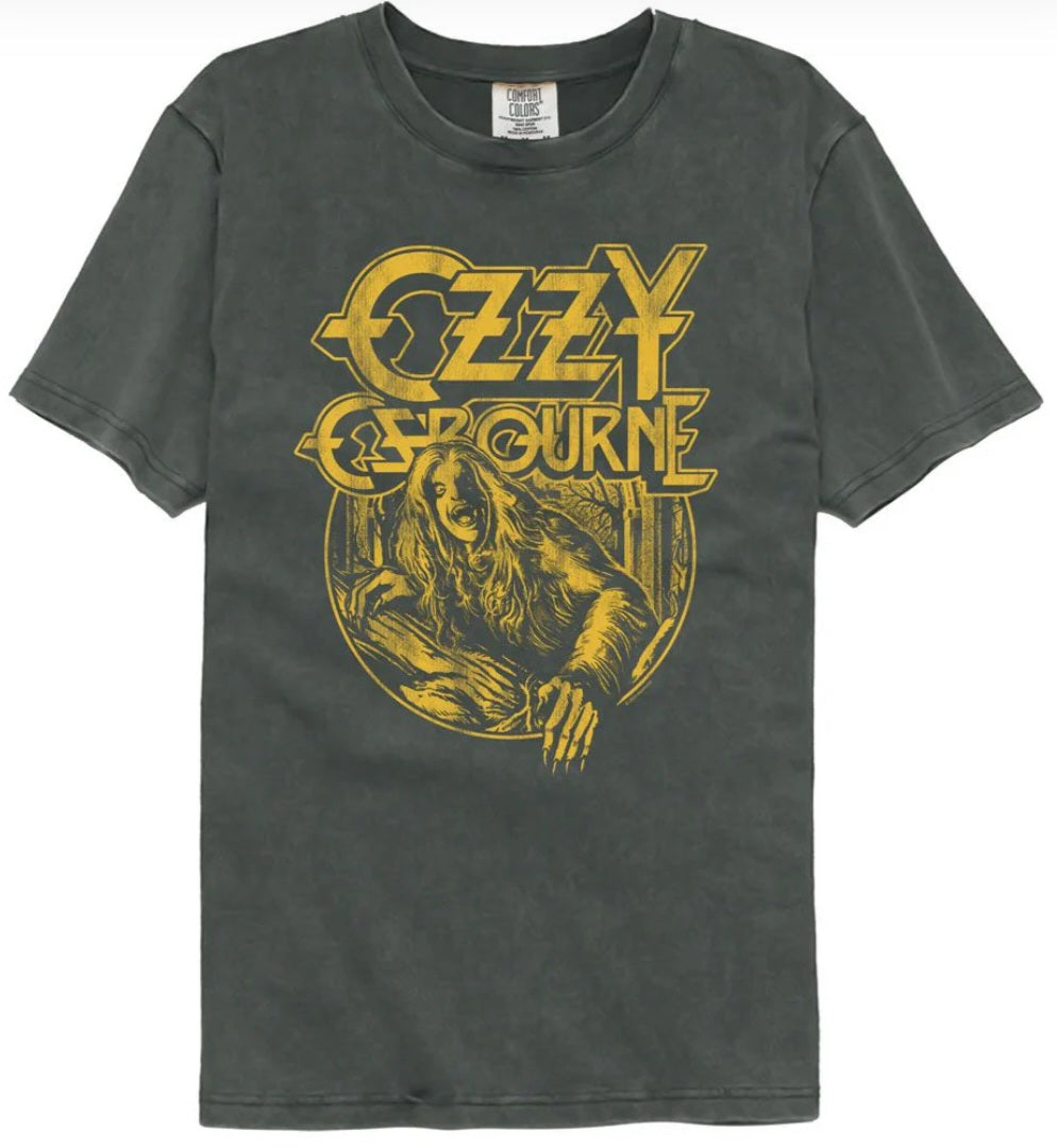 Dark gray graphic T-shirt with yellow/gold logo and portrait