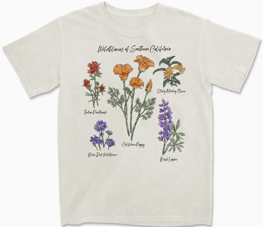 Ivory Comfort Colors t-shirt with colorful wildflower graphic and cursive text