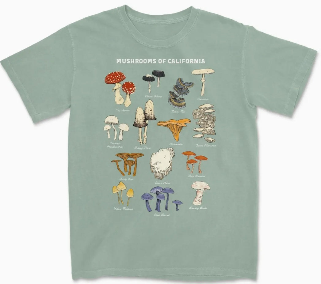 Comfort Colors green T-shirt with mushroom graphic and text