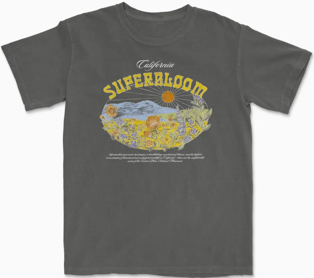Dark gray graphic T-shirt with California Superbloom front print