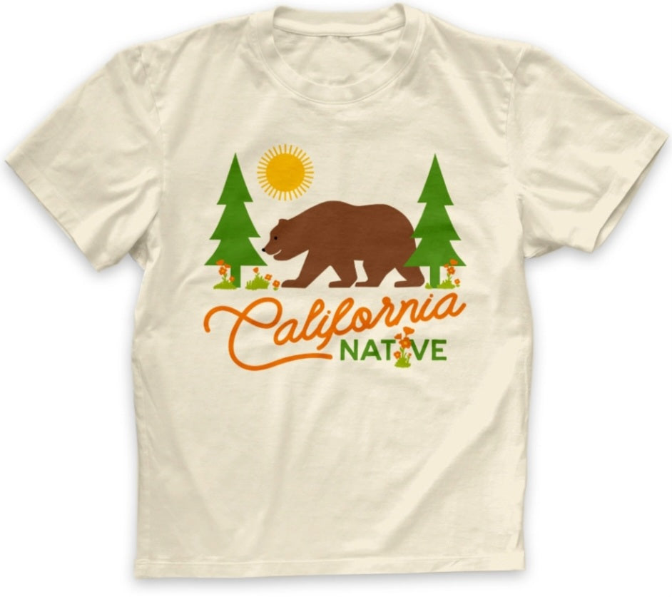 Ivory toddler T-shirt with brown bear, green trees, sun, and California Native graphic