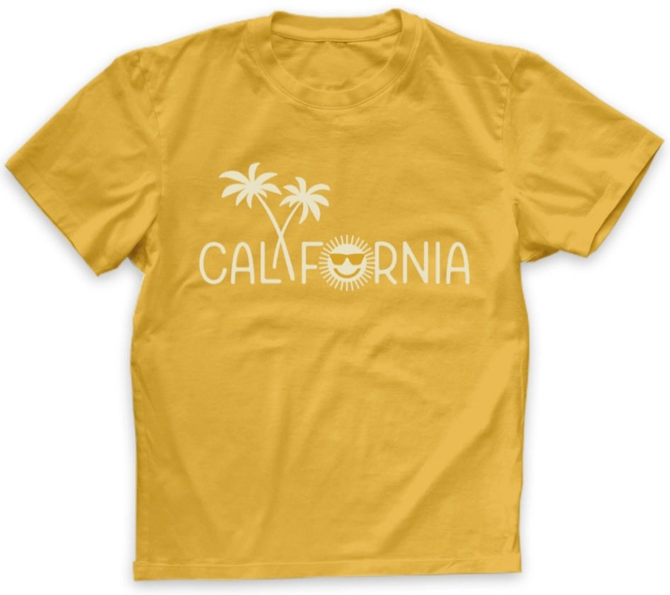 Toddler mustard t-shirt with white palm tree and CALIFORNIA graphic on front