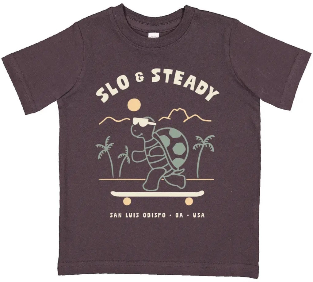 Toddler T-shirt, dark purple, Slo & Steady graphic front with mountains and cactus