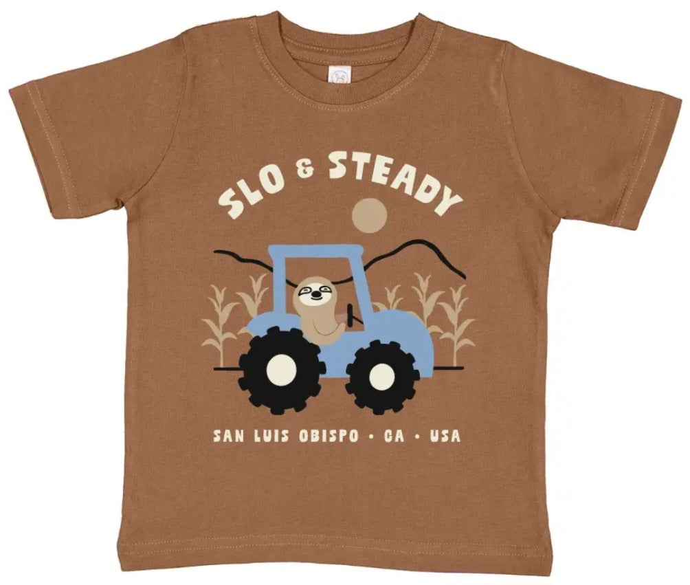 Toddler brown T-shirt with Slo & Steady tractor graphic and text