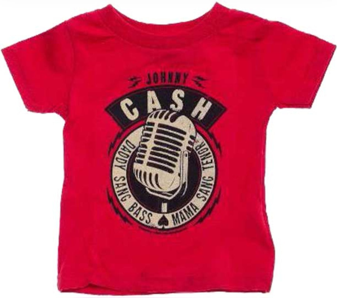 Toddler red T-shirt with Johnny Cash microphone circular logo