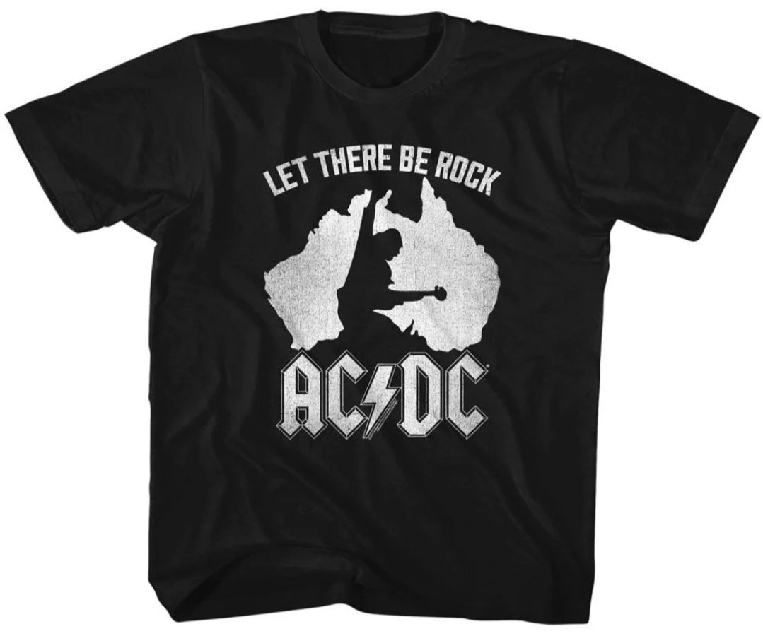 Toddler black rock band T-shirt with AC/DC logo and 'LET THERE BE ROCK' print