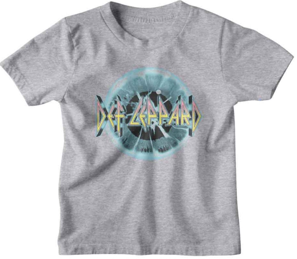 Toddler heather gray T-shirt with colorful Def Leppard logo graphic on front