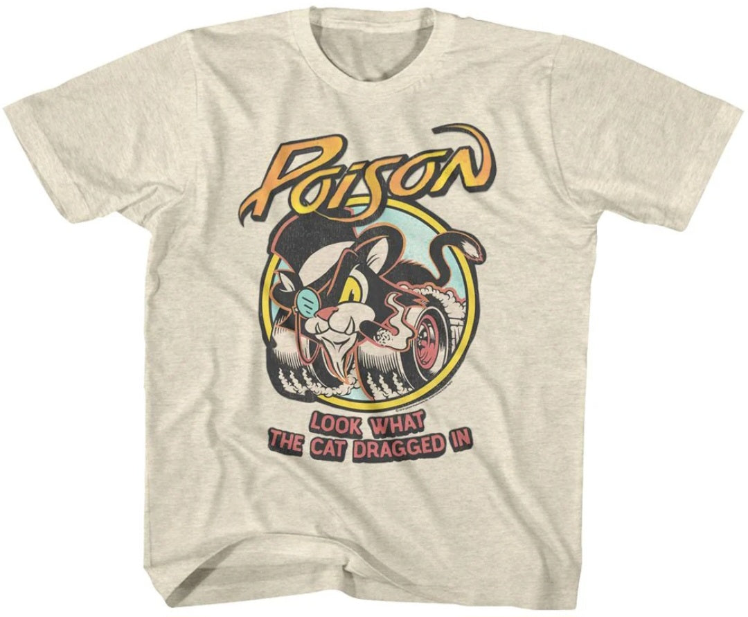Ivory toddler T-shirt with Poison logo graphic and cat character front print