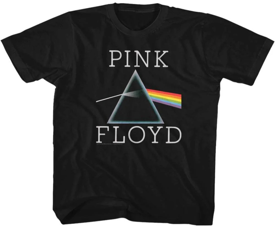 Toddler black T-shirt with Pink Floyd pyramid graphic and rainbow stripe