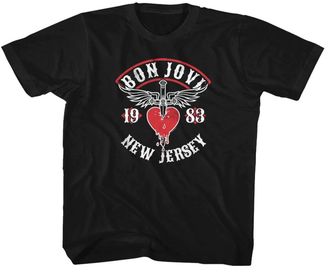 Bon Jovi toddler black T-shirt with red heart and oval band graphic, short sleeves