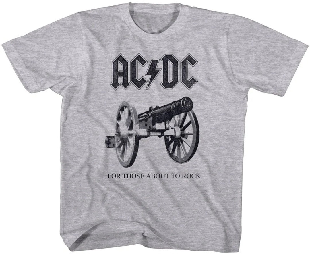Heather gray toddler T-shirt with AC/DC logo and cannon graphic on front