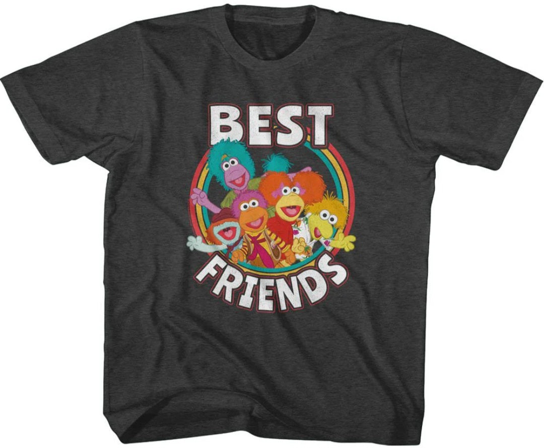 Toddler graphic T-shirt, dark charcoal, BEST FRIENDS text with cartoon friends