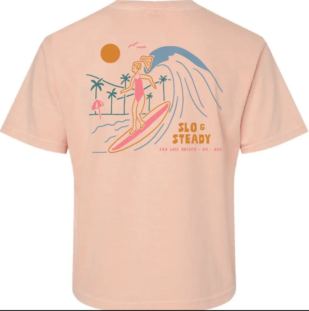 Peach crewneck T-shirt with large back surfer graphic