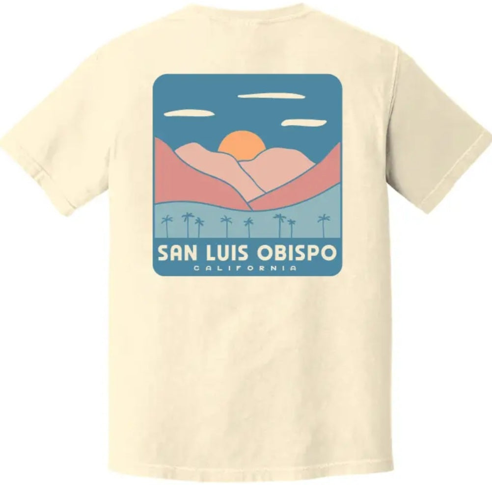 Ivory T-shirt with back sunrise graphic and “San Luis Obispo California”