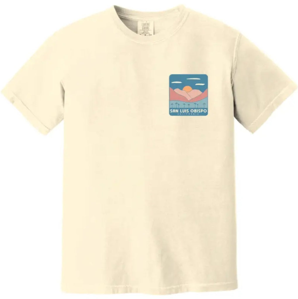 Ivory T-shirt with small front sunrise logo reading “San Luis Obispo California”