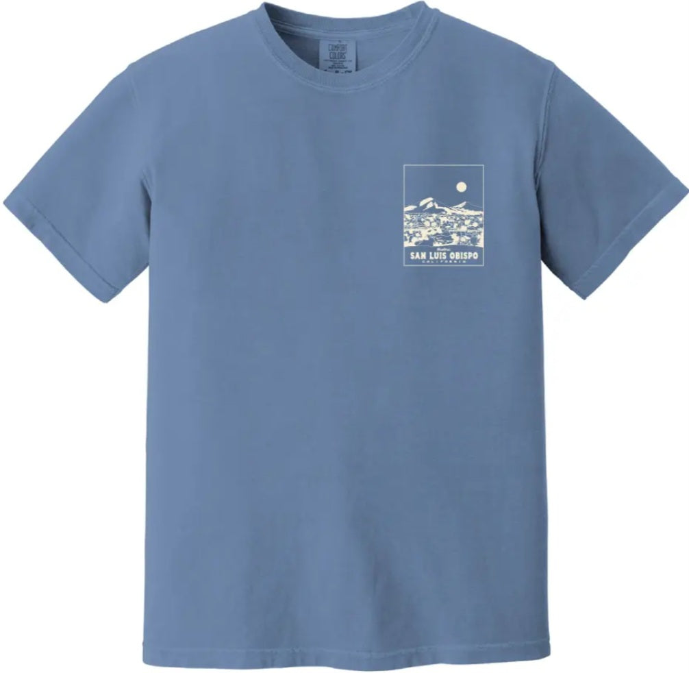 Blue short-sleeve T-shirt with small rectangular San Luis Obispo logo graphic on front