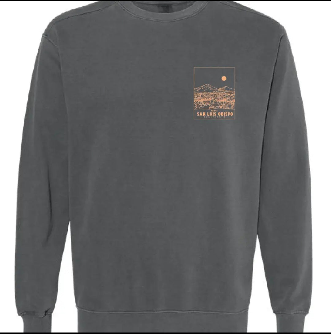Charcoal crewneck sweatshirt with small back landscape logo and San Luis Obispo text