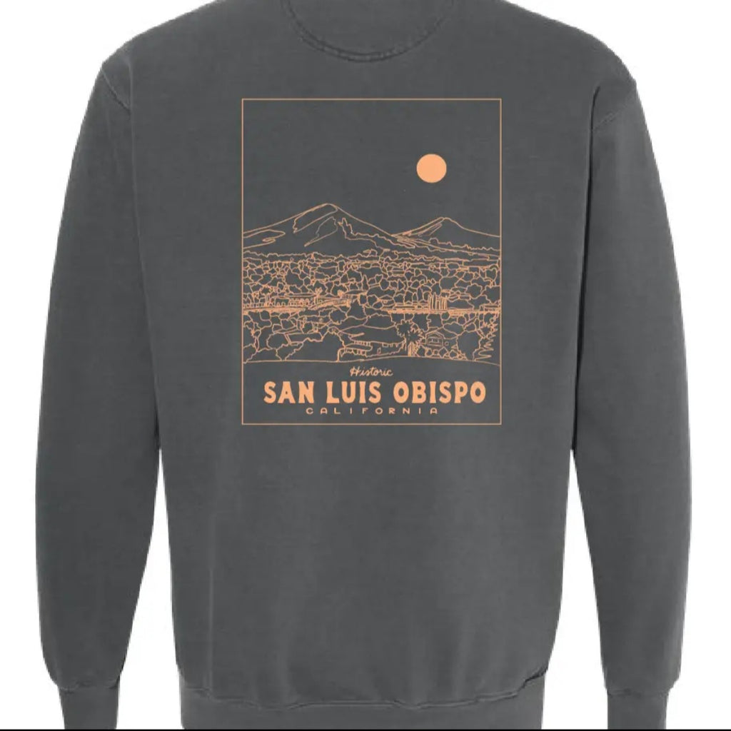 Charcoal crewneck sweatshirt with front landscape graphic and text San Luis Obispo