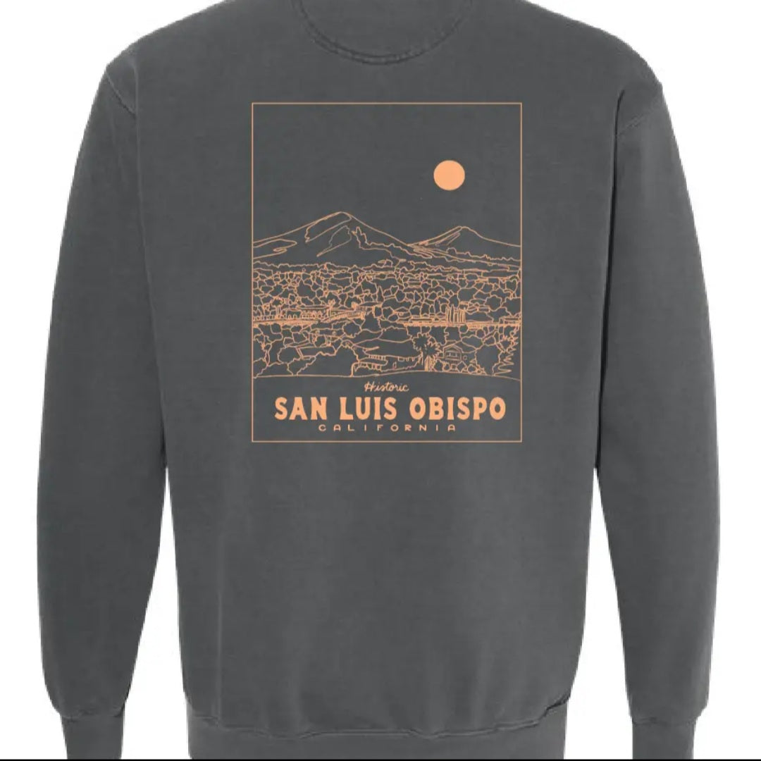 Charcoal crewneck sweatshirt with front landscape graphic and text San Luis Obispo