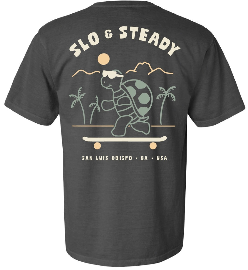 Dark charcoal graphic T-shirt, back print with skateboarder and text Slo & Steady