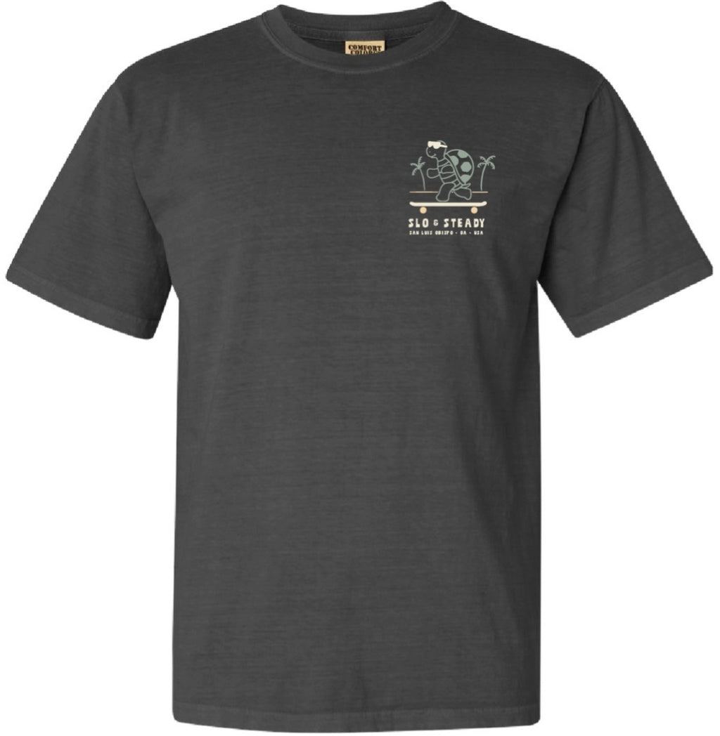 Dark charcoal T-shirt with small front skateboarder logo and Slo & Steady text