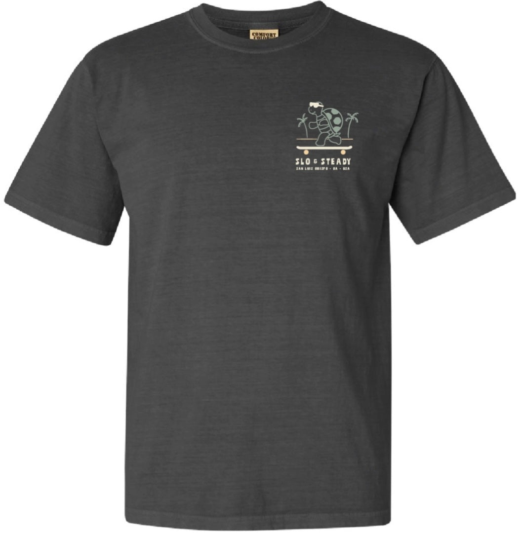 Dark charcoal T-shirt with small front skateboarder logo and Slo & Steady text