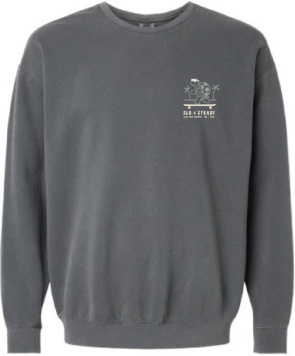 Dark gray crewneck sweatshirt with small chest graphic