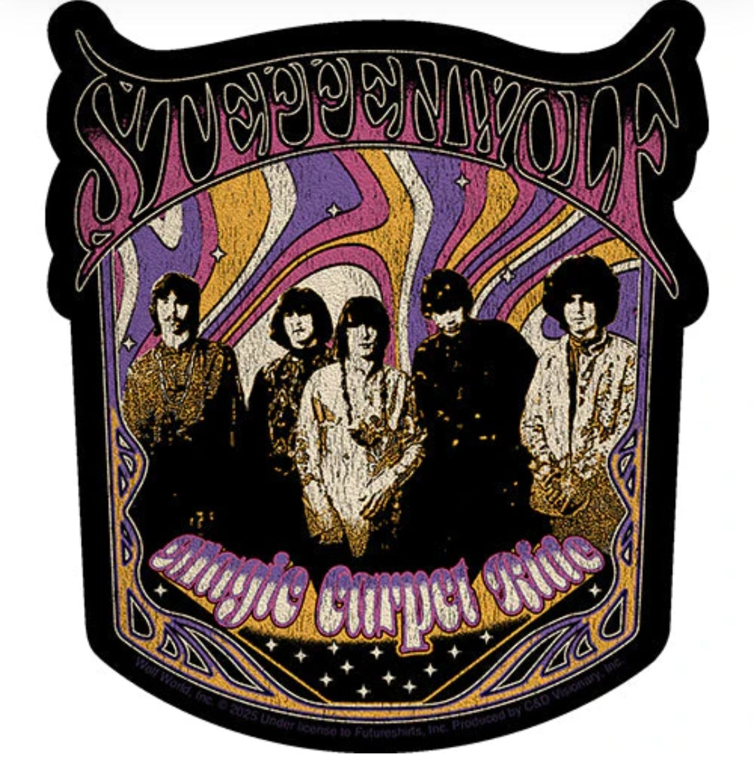 Band sticker with Steppenwolf-style logo, arched graphic, five musicians, purple and gold