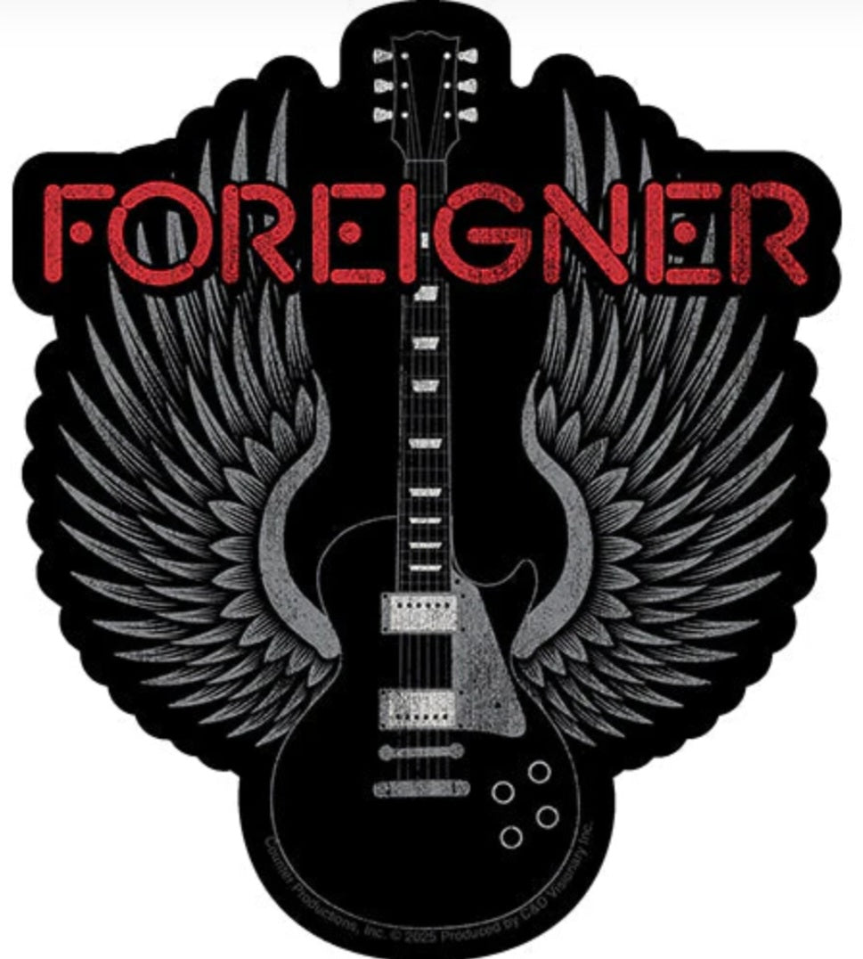 Foreigner band sticker with black electric guitar, gray wings, and red lettering