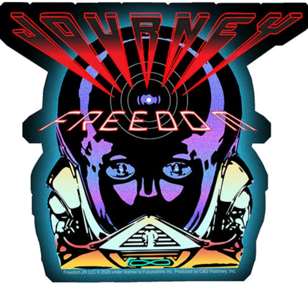 Journey band sticker with stylized male face in headphones and neon graphics