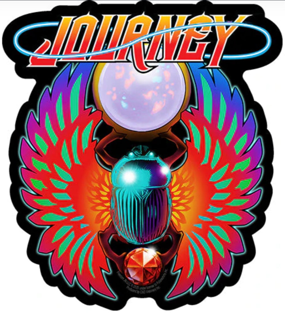 Journey band sticker with colorful logo, wings, and glowing central character