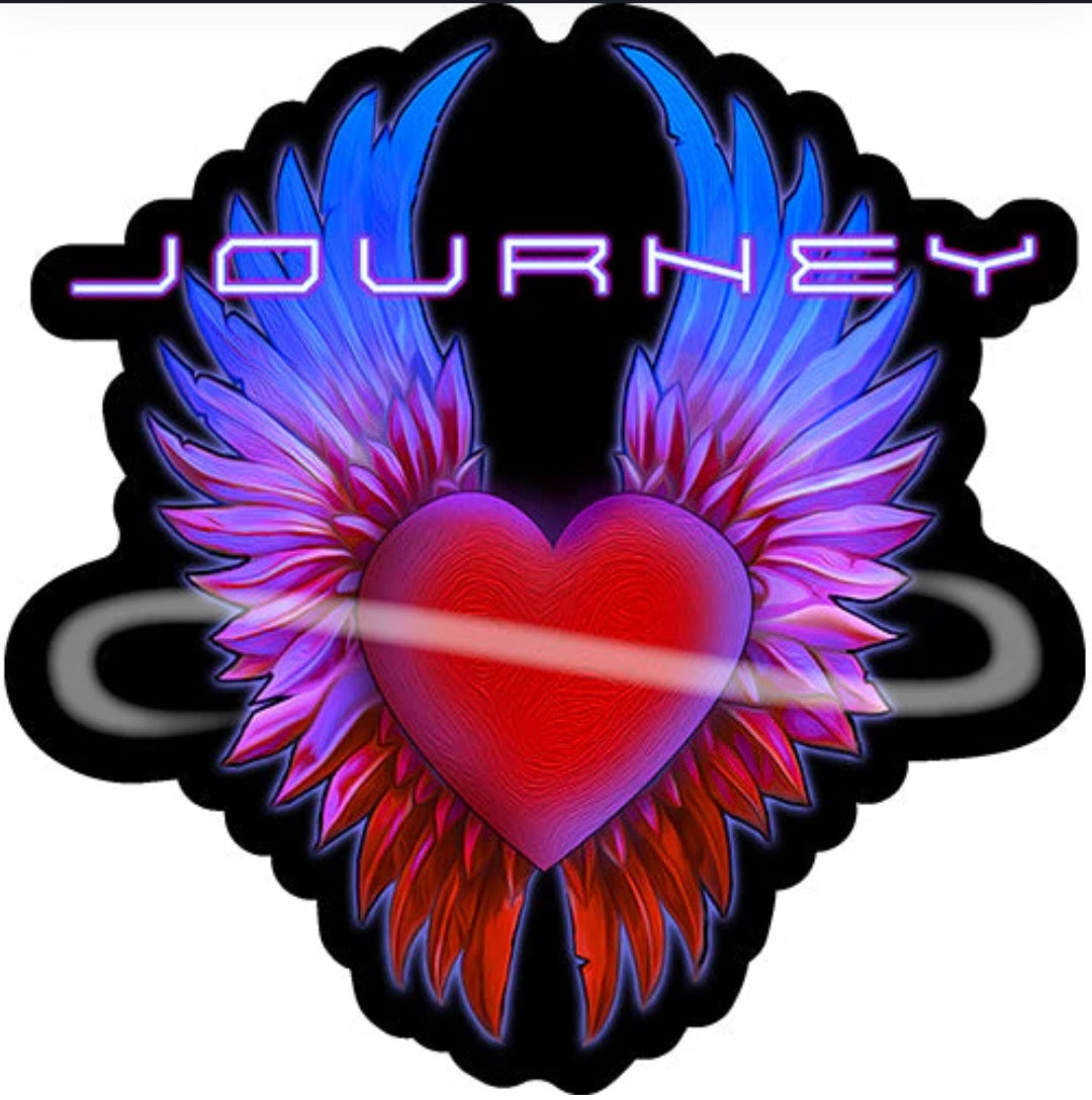 Neon band sticker with purple wings and a glowing red heart emblem