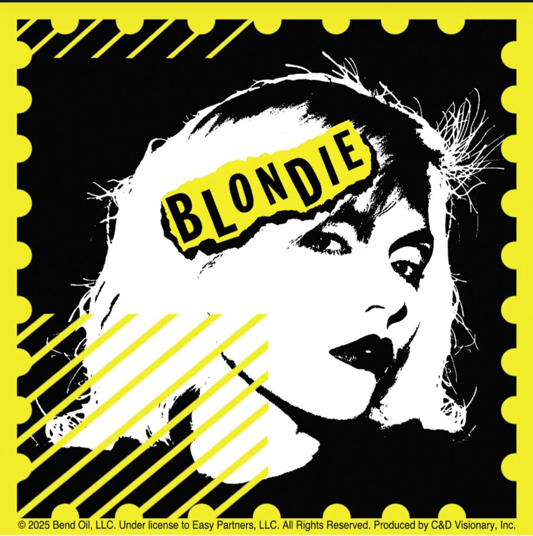 Square Blondie band sticker with stylized face and bold Blondie text in yellow and black