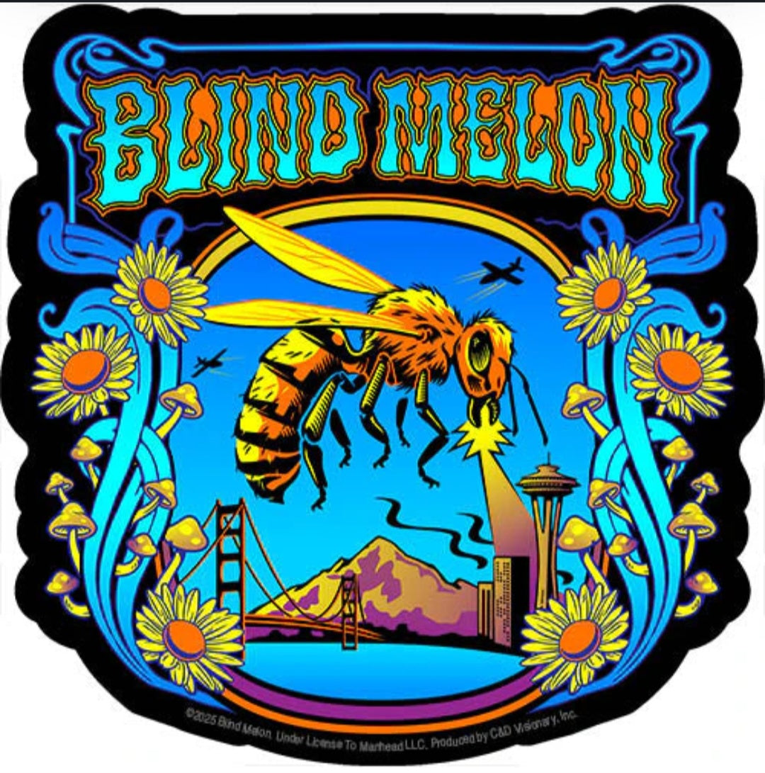 Band sticker with Blind Melon text, yellow bee over blue scene and daisies
