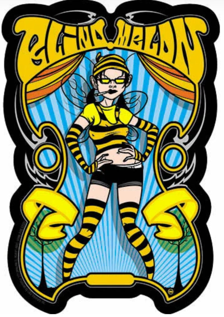 Blind Melon band sticker with yellow cartoon bee-themed girl in striped outfit