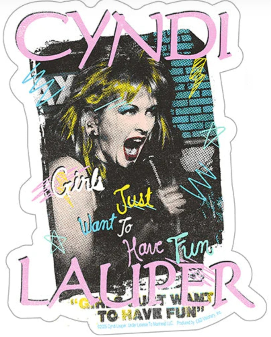 Cyndi Lauper band sticker with stylized portrait and colorful text 'Have Fun'