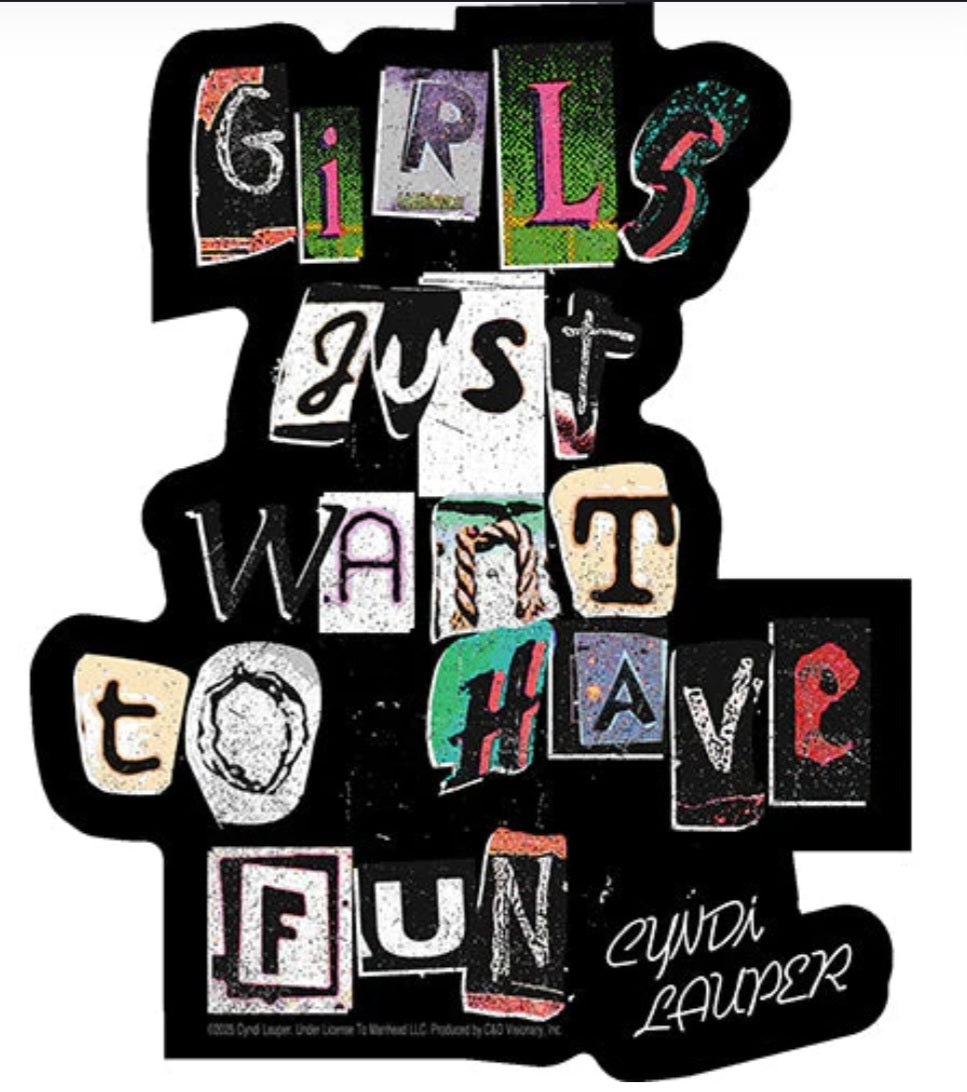 Cyndi Lauper band sticker, black die-cut with colorful square letter collage and signature
