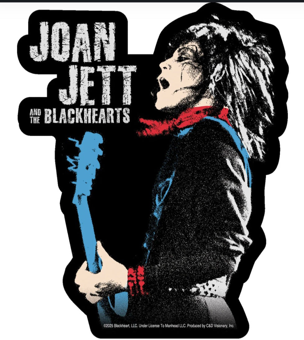 Joan Jett band sticker with black background, face portrait, and JOAN JETT text