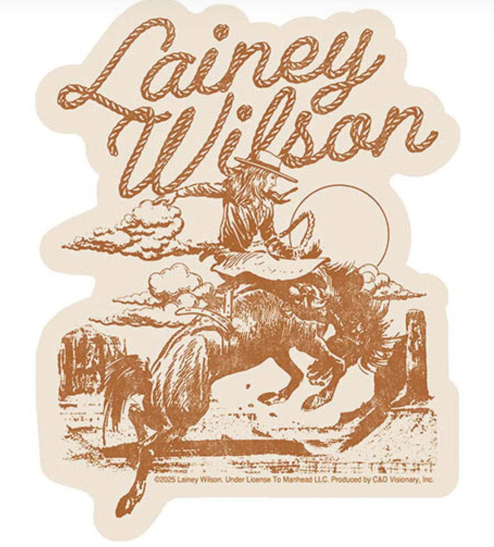 Lainey Wilson band sticker, tan with brown cowboy riding horse graphic