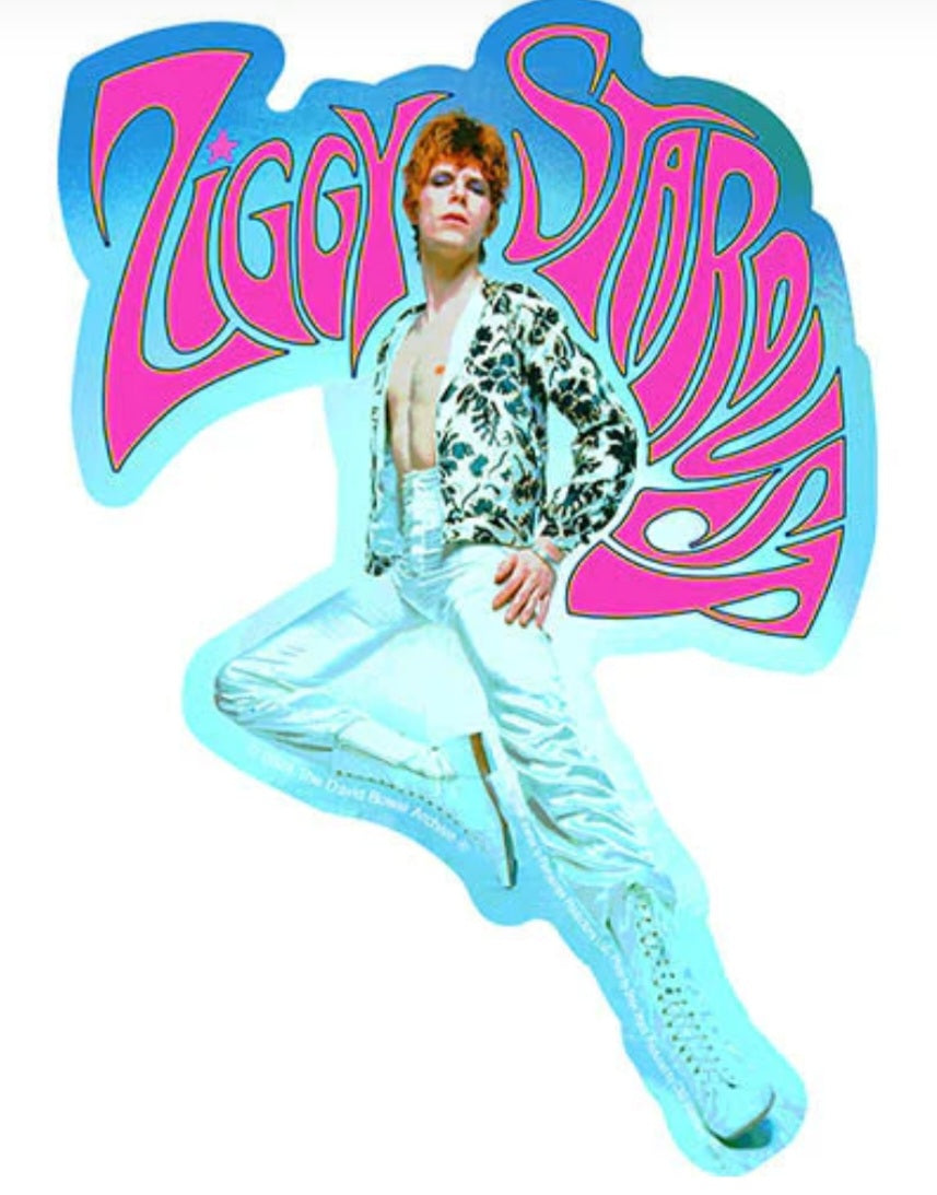 Bowie Ziggy Stardust band sticker with illustrated guitarist in white outfit and colorful logo