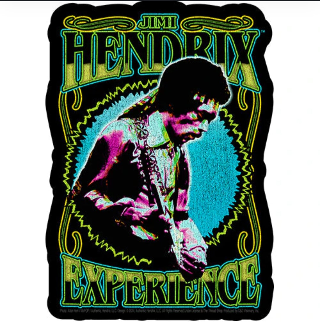 Jimi Hendrix band sticker with colorful portrait, guitar, and black border text