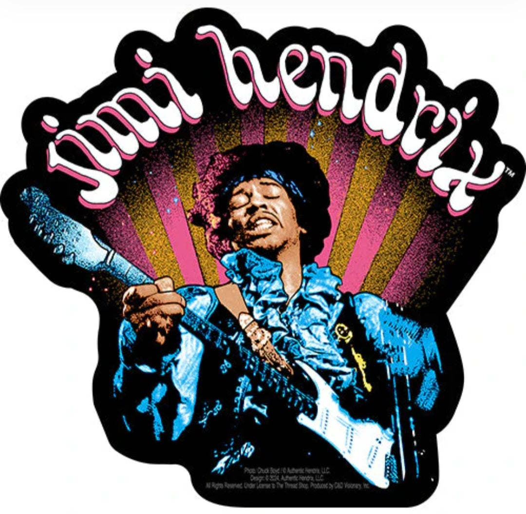 Black-bordered music band sticker with Jimi Hendrix portrait and stylized lettering.