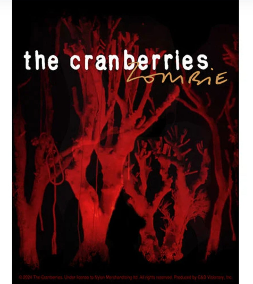 Band sticker: red-and-black 'the cranberries' & 'zombie' artwork