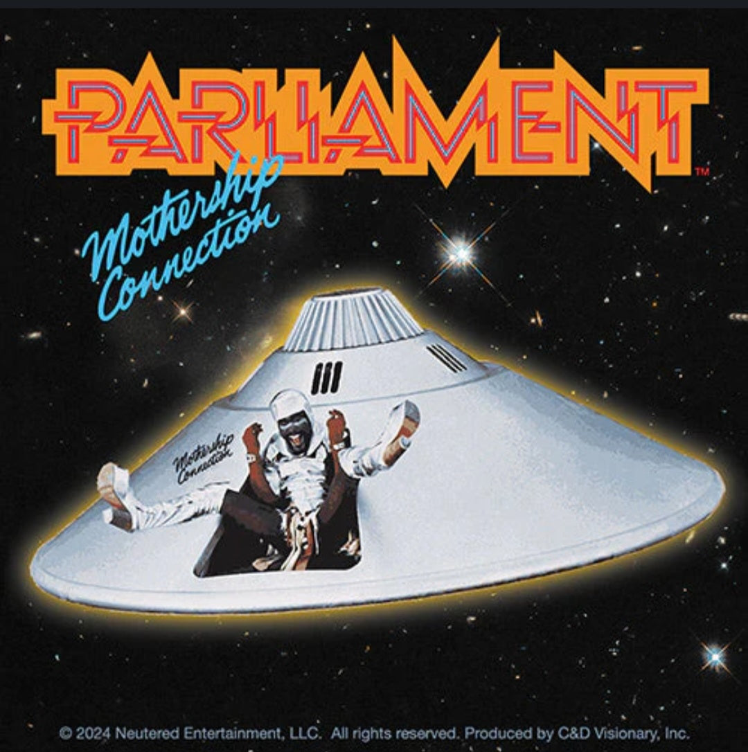 Music band sticker featuring a space-helmet saucer with the group in front