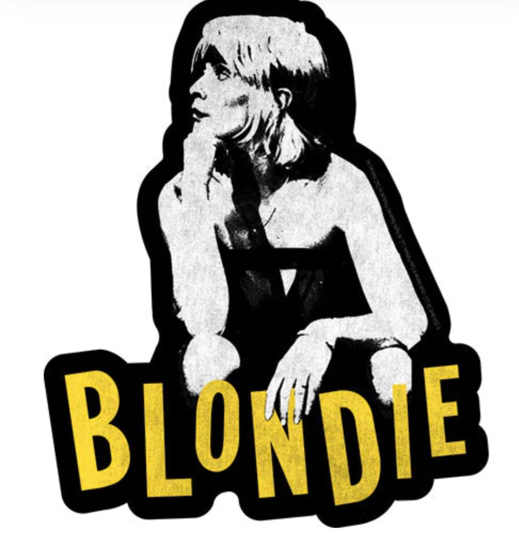 Black-and-yellow BLONDIE band sticker with woman portrait, hand-to-face design