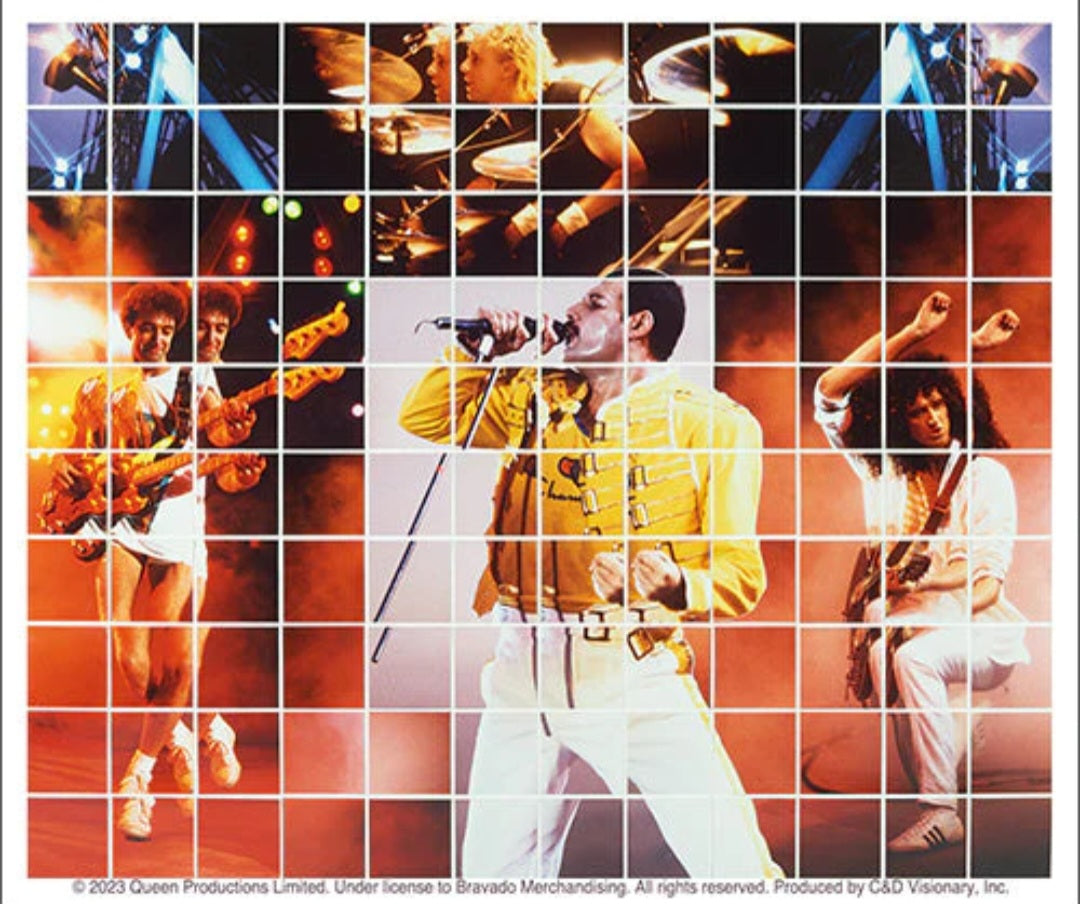 Band sticker collage with performers in yellow outfits and stage spotlights
