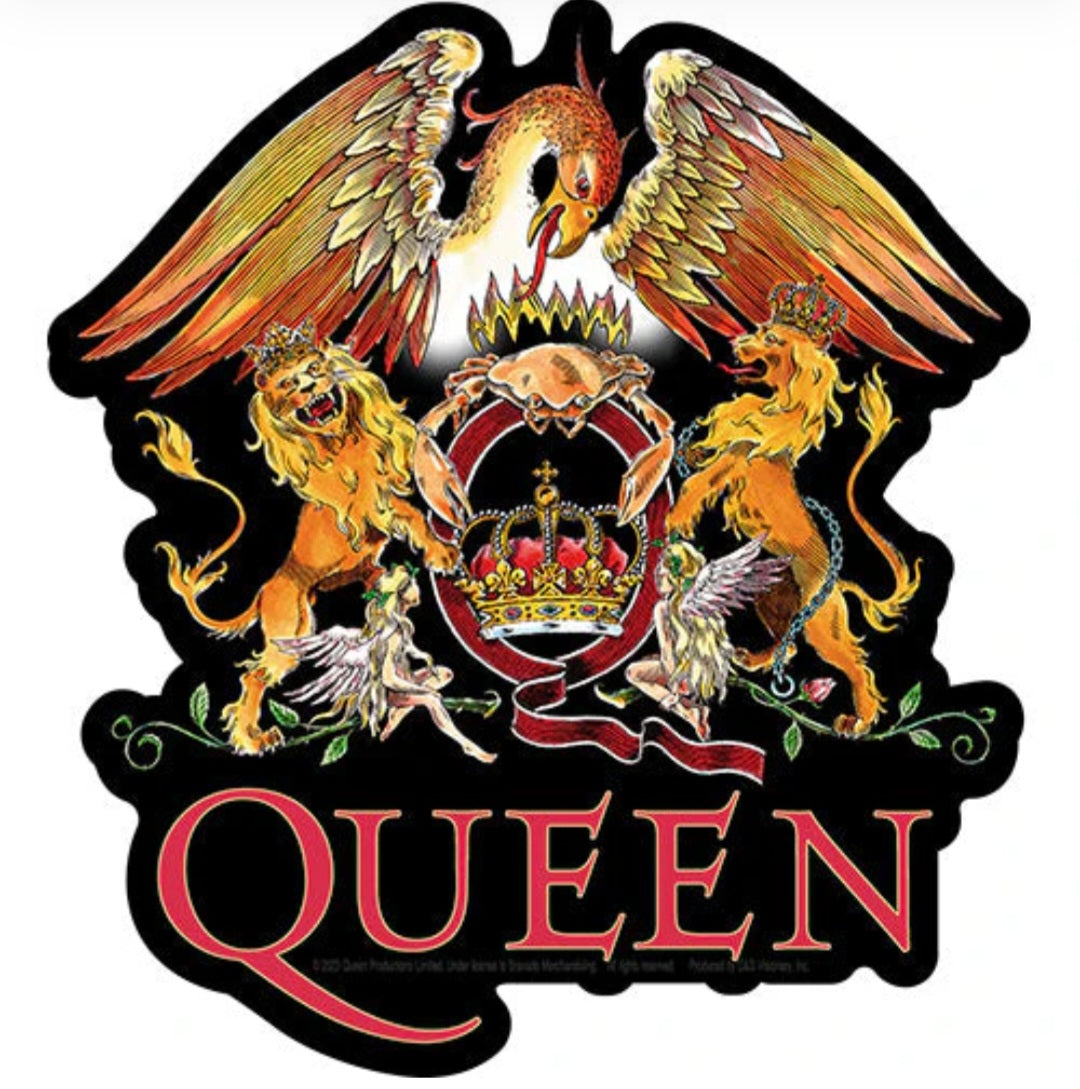 Colorful Queen band sticker with crown, winged emblem, flames, and QUEEN text