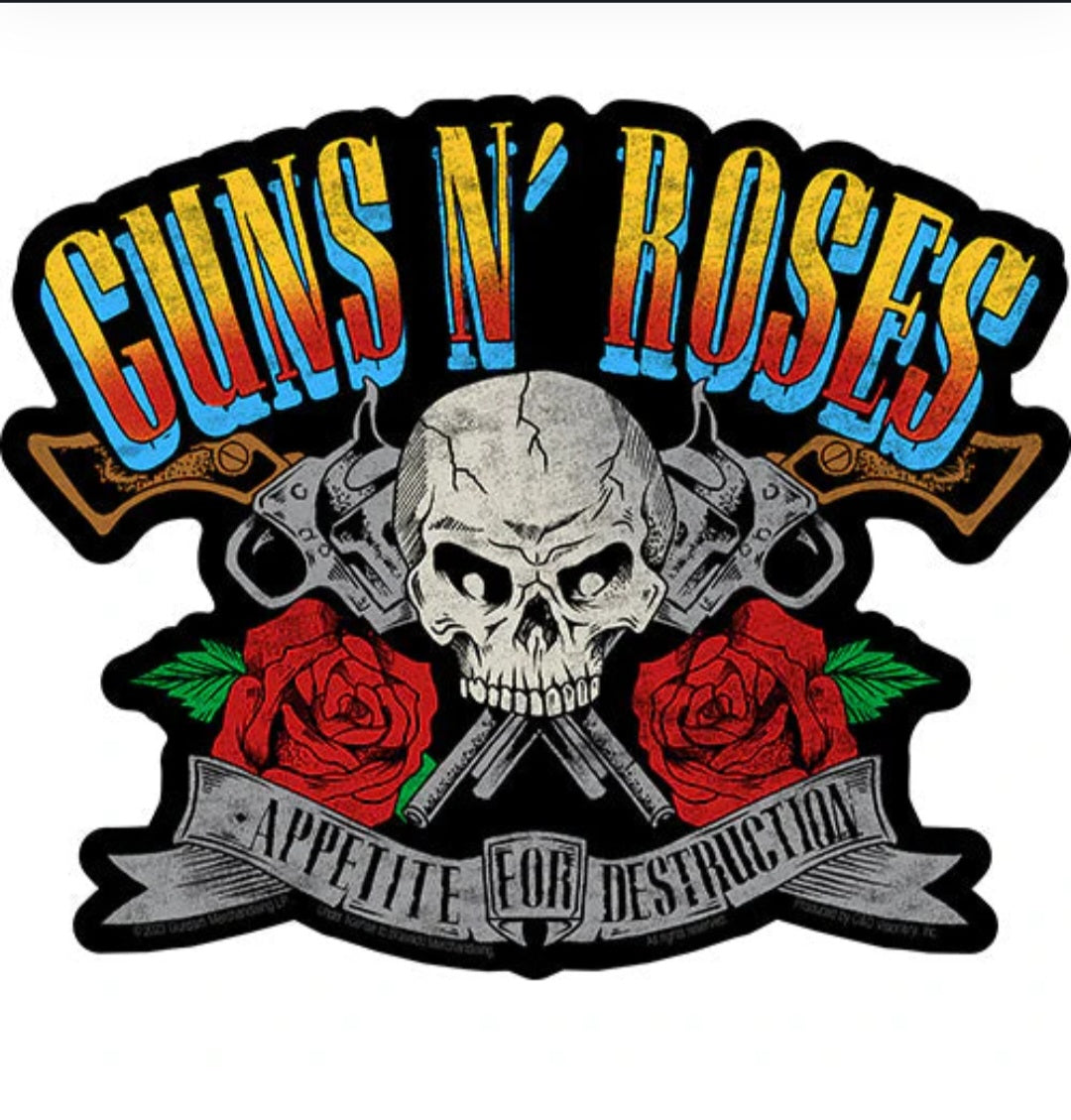 Rock band sticker featuring Guns N' Roses lettering, skull with guns, and red roses