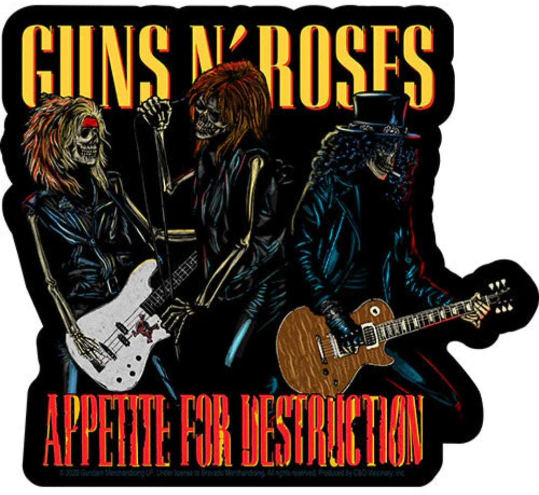 Guns N' Roses sticker with band members, guitars, and “Appetite for Destruction”